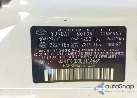 2014 Hyundai Genesis 2.0T R-Spec z USA, uszkodzony, nr VIN KMHHT6KD0EU114489